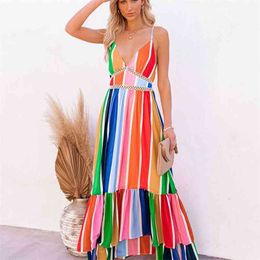 Sexy Deep V Neck Backless Striped Maxi Woman Dress Summer Party Rainbow Spaghetti Strap Long Dresses For Women Robe Femme 210517