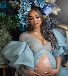 Teal Tulle Maternity Evening Dresses Robes for Photography Puffy Ruffled Photo Shoot Bridal Lace Dress See Through Long Prop Party Gown