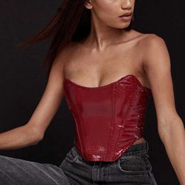 Colysmo Leather Corset Top Strapless Solid Colour Bustier Bodycon Casual Crop Tank Women Fashion Sexy Party Club Outfits 210527
