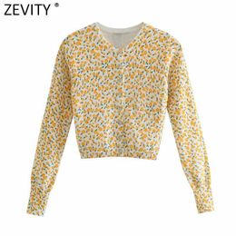 Zevity Women Sweet Floral Print Breasted Slim Knitting Sweater Female Basic O Neck Long Sleeve Chic Cardigans Short Tops SW709 210603