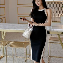 Fashion Stretch Women Dress Sleeveless Knee Length Summer Colorblock Chic Knitted Bodycon Ladies Vestido 210520