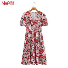Tangada Summer Women Rose Print French Style Dress Short Sleeve Ladies Sundress SY262 210609