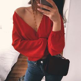 Sexy V Neck Wrap Sheath Exposed Navel Short Top Bow Tie Autumn Shirts Chiffon Women Blouses Backless Red White Crop Tops 210522