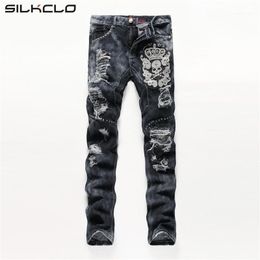 Men's Jeans Wholesale-European American Style Men Fashion Cotton Luxury Quality Slim Skulls Brand Straight Hole Jean Black Denim Trousers1