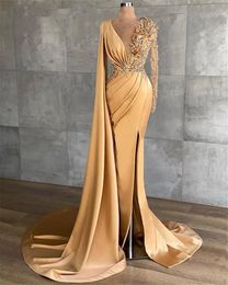 champagne gold evening dresses Canada - Split Mermaid V Neck Evening Dresses 2022 champagne gold Long Sleeve Beaded Middle East Dubai Robe De Soiree Prom Party Gowns