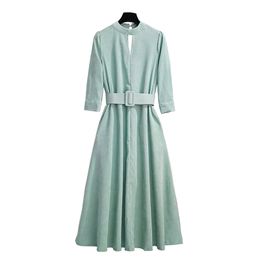 Green Corduroy Stand Collar 3/4 Sleeve Sash Vintage Solid A-line Maxi Dress D1726 210514