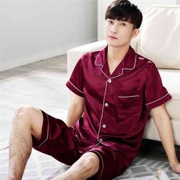 Satin Sleep Set Men's Pyjamas Suit 2PCS Pyjamas Casual Sleepwear Summer Short Sleeve Male Nightwear Home Clothing 210901