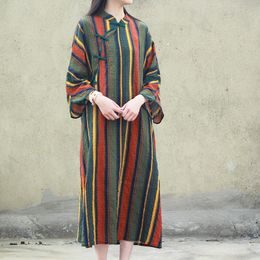 Johnature Summer Fashion Retro Plate Buckle Stand Pockets Striped Dress Cotton Linen Comfortable Women Cheongsam Dress 210521