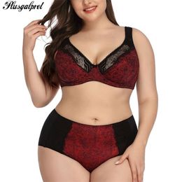 PlusGalpret Floral Print Lace Bra and Panty Set Women Sexy Lingerie Bra Set Intimates Ladies Underwear Set 85-110 D Cup XL-6XL 211104