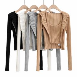 DEAT Autumn Women Casual Knitted Long Sleeve Round Neck Hooded Zipper Cardigan Suspender Shirt Two Piece Set RC129 210709