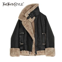 TWOTWINSTYLE PU Leather Casual Jacket For Women Lapel Long Sleeve Plus Cashmere Korean Jackets Female Winter Fashion 210517