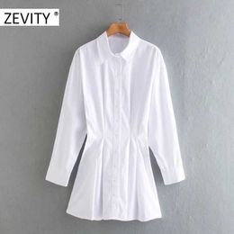 ZEVITY women fashion pleats decoration white shirt dress office lady long sleeve back elastic casual vestido chic dresses DS4443 210603