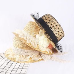 New Summer Sun Hat for Women Flowers Lace Ribbon Flat Top Shade Straw Hat Lady Girls Outdoor Vacation Seaside Beach Panama