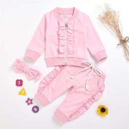 CRIANÇAS DE VERÃO Sets Casual Manga Longa Zipper Casaco Ruffles Calças Cabelos Rosa Bonito 2 Pcs Meninas Roupas 1-6T 210629