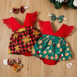 Baywell Xmas born Baby Girl Clothes Lace Ruffle Christmas Tree Print Jumpsuit Headband 2Pcs Sleeveless Outfits for 0-18Months 220211