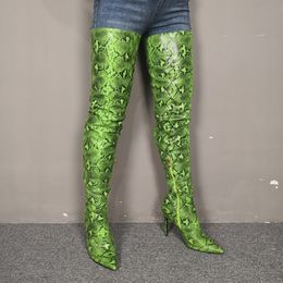 Handmade Women Large Size 35-47 High Heel Over Knee Boots Faux Snake Leather Pointed-Toe Thigh-High Booty Evening Club Fashion Green Winter Shoes D745