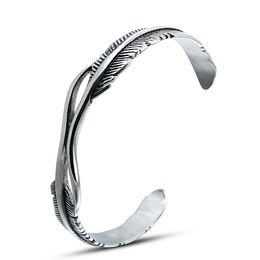 Vintage Stainless Steel Bracelet Feather Cuff Open Bangle for Men Women Fashion Jewelry