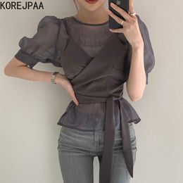 Korejpaa Women Shirt Summer Korean Chic Ladies Elegant Temperament Round Neck Puff Sleeve Blouses Cross Tie Sling Suits 210526