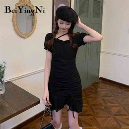 Short Sleeve Mini Dress Womens Black Slim Sexy Club Streetwear Drawstring Casual Harajuku Vintage Korean Dresses Plus 210506