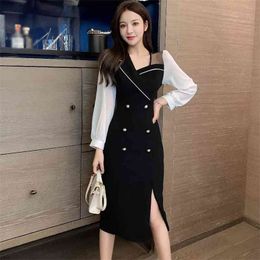 Spring Autumn Women's Dresses French Sexy Colour Contrast Stitching Split Waist Slim Long-sleeved Female LL614 210506