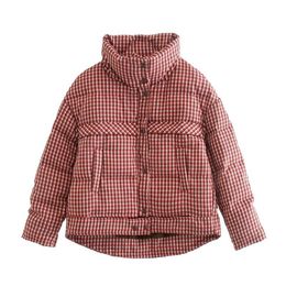 Winter Women Fashion Chic Red Plaid Down Jacket Female Stand Collar Zipper Pockets Coat Ladies Outerwear 210521