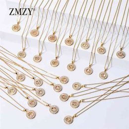 ZMZY 26pcs/lots Wholesale Lots Bulk Mixed A-Z Letter Necklace Stainless Steel Chain CZ Crystal Gold Colour Pendant 210721