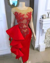 Arabic Aso Ebi Red Sexy Sheath Evening Dresses Lace Beaded Gold Top Prom Sheer Neck Formal Party Second Reception Gown