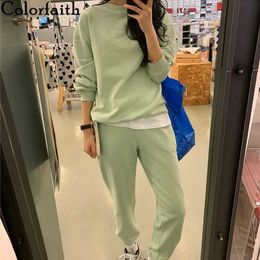 Colorfaith 2020 New Autumn Winter Women Sets Two Pieces Pullovers Sporty Pants Lounge Wear Solid Colors Tracksuit Suits WS8590 Y0625