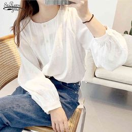 Autumn Winter Round Neck Pleated Lantern Sleeve Lady Tops Elegant Simple Solid Cotton Blouse White Blusas Mujer 12325 210521