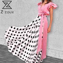 Women Dress Butterfly Sleeve V-neck Bandage Sexy Dresses Colour Matching Plus Size Pink Dot Summer Clothes 210513