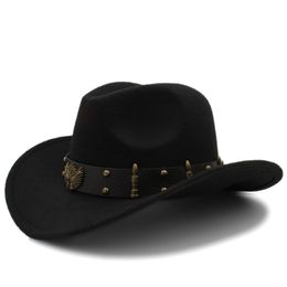 Wome Men Black Wool Chapeu Western Cowboy Hat Gentleman Jazz Sombrero Hombre Cap Dad Cowgirl Hats Size 56-58cm 220302