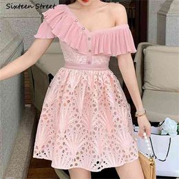 Pink Summer Dresses for Woman Diagonal Neck High Waist Clothing Ruffles Sleeve Lace Party Mini Female Bodycon 210603