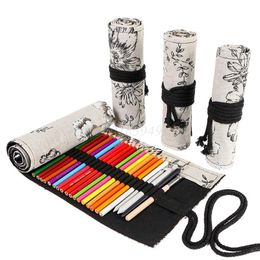 Pencil Bags OOTDTY Peony 12/24/36/48/72 Holes Canvas Roll Pen Curtain Bag Case Makeup Wrap