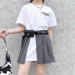 Fashion Girls Short Sleeve Letter T-shirts Dresses Solid Pleated Skirt Gift Leather Belt Children Teenage Clothes Sets 3pcs X0902