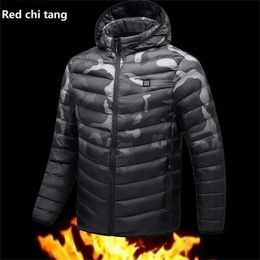 Men's Quilted Coats Husband Winter Jacket USB Heated Techwear Hooded Fleece Men Style Outerwear Warm Black Thermal Parkas Male 211214