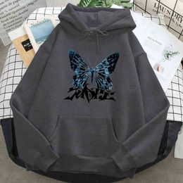 Sky Blue Butterfly Print Hoodie Man Women Casual Loose Fleece Sweatshirts Fashion Pocket Long Sleeve Vintage Harajuku Streetwear H1227