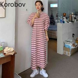Korobov Vintage Preppy Style O Neck Women Dress Korean A-Line Striped Female Dresses Summer Oversize Dress 210430