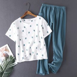 JULY'S SONG Casual Loose Women's Pyjamas Sets V Neck Short Sleeve Sleepwear Nightwear Cotton Breathable Homewear Female Pyjamas 210320