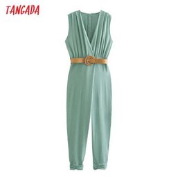 Tangada Women Green With Belt Long Jumpsuit Pleated Sleeveless Pocket Zipper Female Casual Jumpsuit QD60 210609