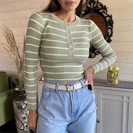 Colorfaith Winter Spring Women Sweater Buttons Knitted Pullovers Striped Casual Fashionable Wild Ladies Tops SW1696 211123