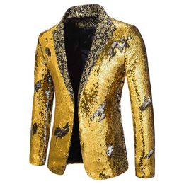 Luxury Gold Sequin Glitter Jacket Men Slim Fit Notched Lapel Blazer Jacket Mens Nightclub Stage Singers Blazers Costume Homme 211120