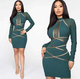 Women Sexy Winter Fashion Mesh Long Sleeve Green Bandage Dress Designer Elegant Evening Celebrity Party 210527