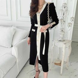 New Arrival Autumn Slim Sexy Cardigan Long Sleeve Knitted Dress Women's Korean Houndstooth Retro Lace Up Chic Dress Vestido Y1006