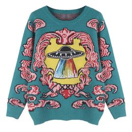 Harajuku Fashion Flying Saucer Embroidery Women Sweater Vintage Long Sleeve Chic Cartoon Pullover Knitted 210922