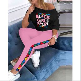 Letter print women set o neck short sleeve tops and long pant suit ladies 2 pieces outfits for women tracksuit X0428