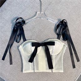 FABPOP Summer Sexy Bow Lace Up Strap Diamonds Side Camisole Women Mesh Crop Top GB922 210709