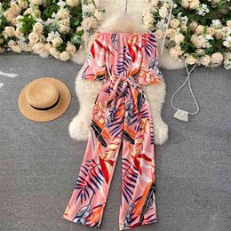 Summer Tropical Print One-shoulder Jumpsuit Women's Lace-up Waist Slimming Vacation Travel Leisure Wide-leg Pants UK465 210507