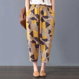 Fashion Pants Women Loose Printing Pockets Cotton Linen Casual Female Sweat Trouser Harem Q0801
