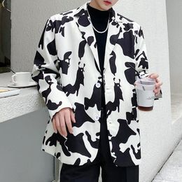 Autumn Men Vintage Black White Print Casual Suit Blazers Coat Male Streetwear Hip Hop Cow Printed Loose Overcoat Men's Suits &