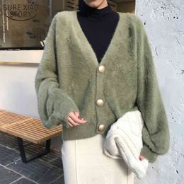 Lazy Elegant Lantern Sleeve Loose Sweater Women Winter and Autumn Imitation Mink Jacket V-neck Knitted Cardigan 11635 210508